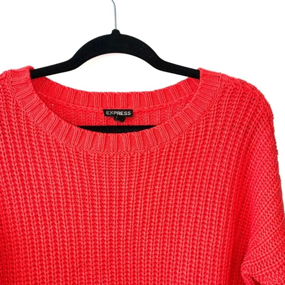 Express Neon Pink Boxy Crop Tight Knit Pullover Sweater Medium Women’s - Picture 2 of 9